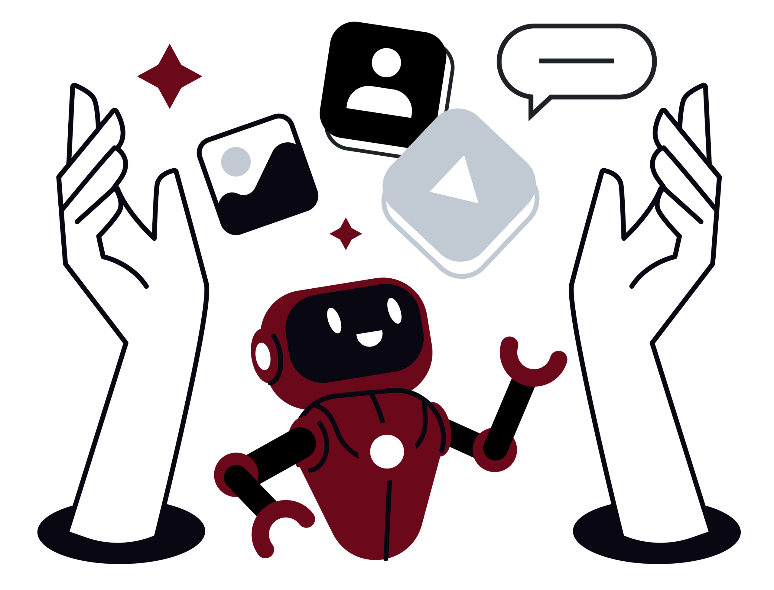 Two pairs of large hands around a robot that produces content with no background.