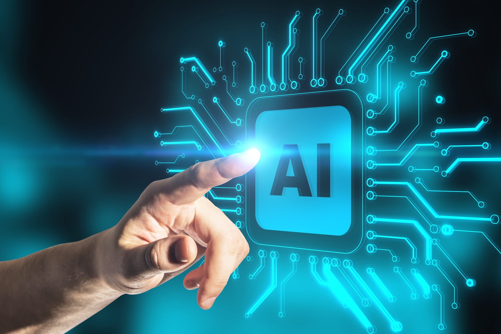 Finger pointing at the text AI surrounded by circuitry radiating outward