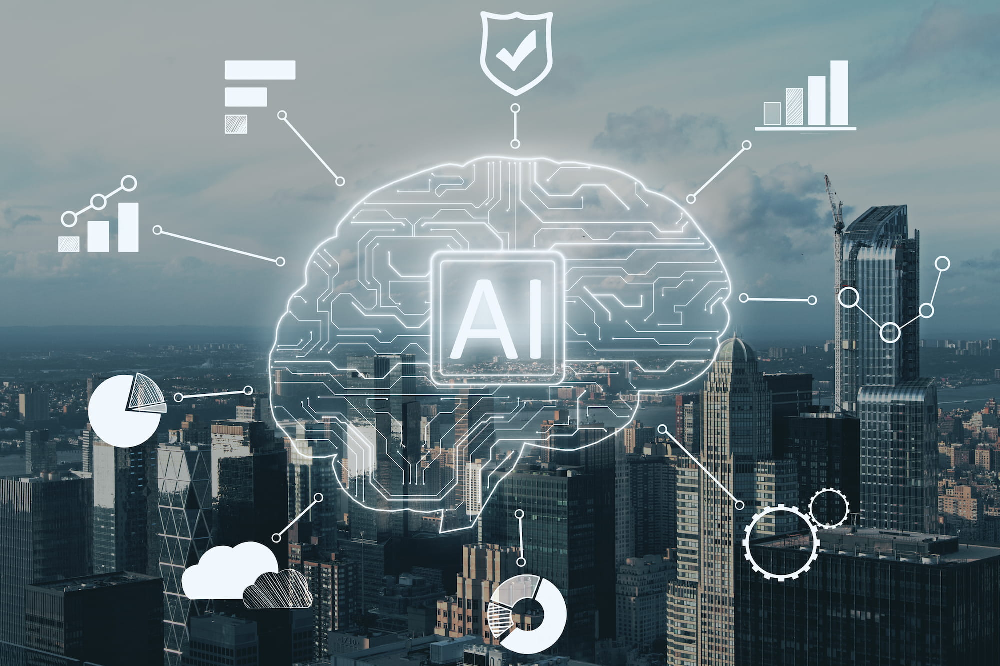 Brain made of Circuitry with the word AI in the center
