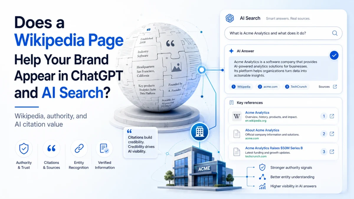 Wikipedia page connected to an AI search interface, illustrating brand authority, entity recognition and citations in ChatGPT and AI search.